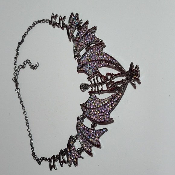 Necklace Skeleton with Bat Wings Halloween Rhinestone Bling Costume Gothic Punk - Picture 3 of 15